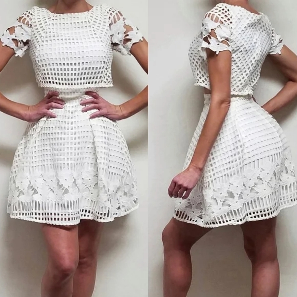 Minuet White Eyelet Lace Short Sleeve Crop Top High Rise Skater Skirt Set Small